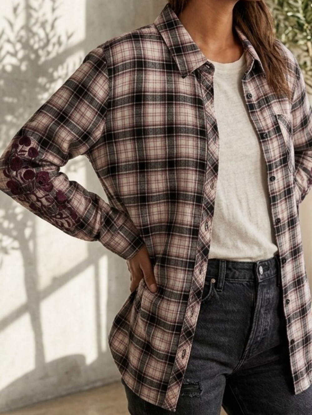 Terra & Sky Black, White & Maroon Plaid Button-Down Shirt With Floral Embroidery